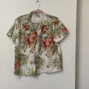 Hawaiian Reserve Collection Blouse Sz XL Beige Floral Boxy Fit Vtg Hawaii Made